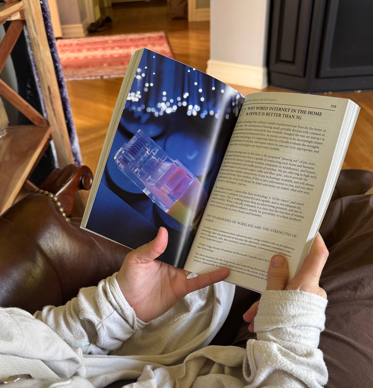 Person reading a book in a cozy living room.