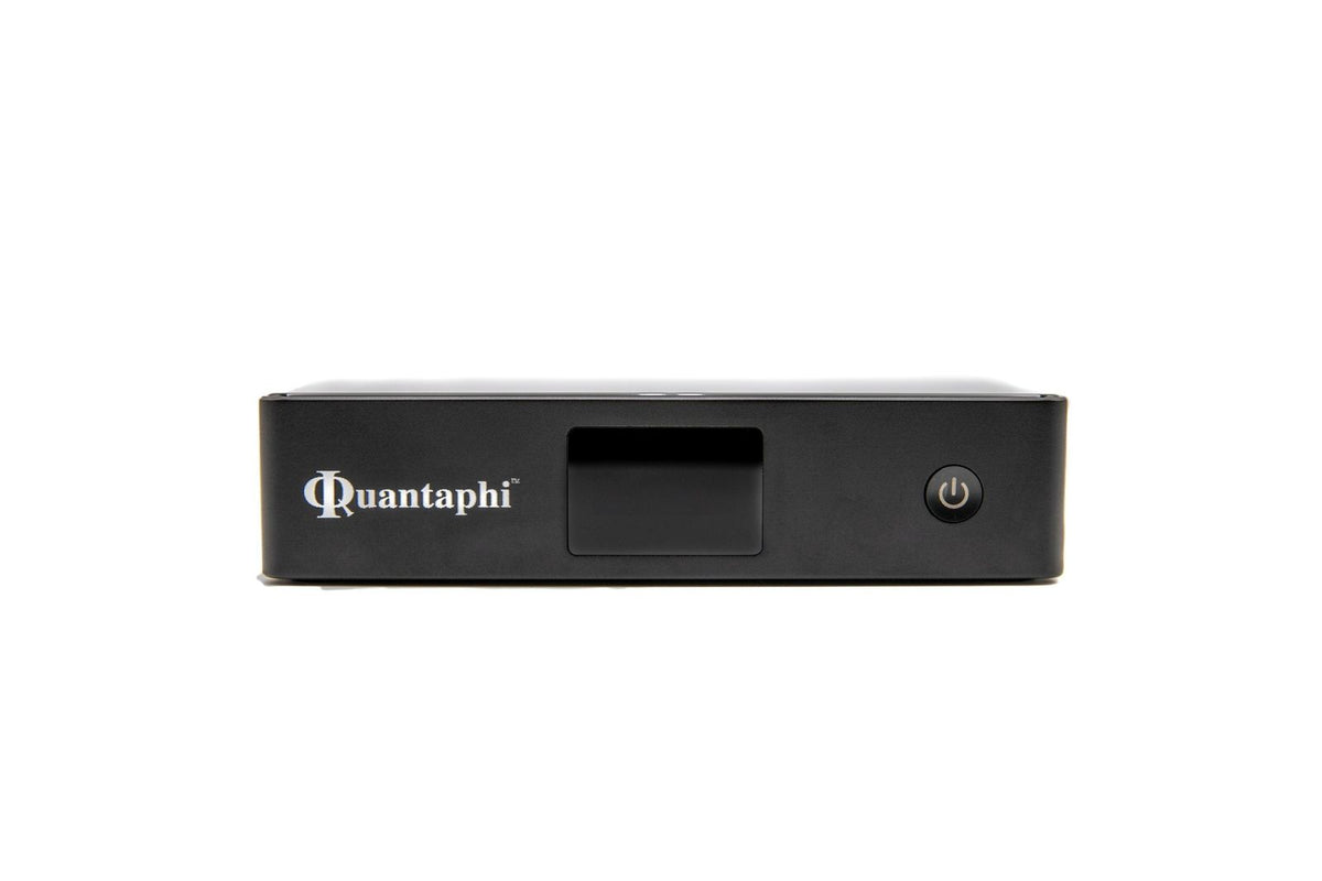 Black electronic device with 'Quantaphi' branding on a white background