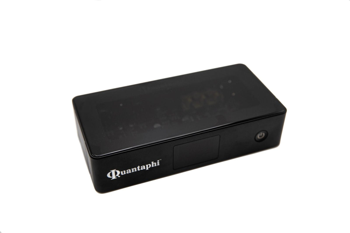 Black electronic device with 'Quantaphi' branding on a white background