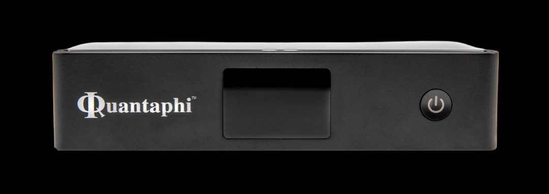 Black electronic device with 'Quantaphi' branding on a transparent background