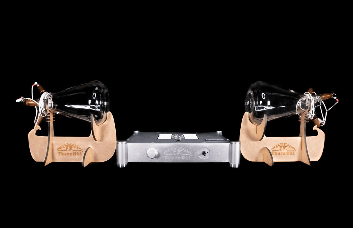 Theraphi amplifier with two tubes on wooden stands