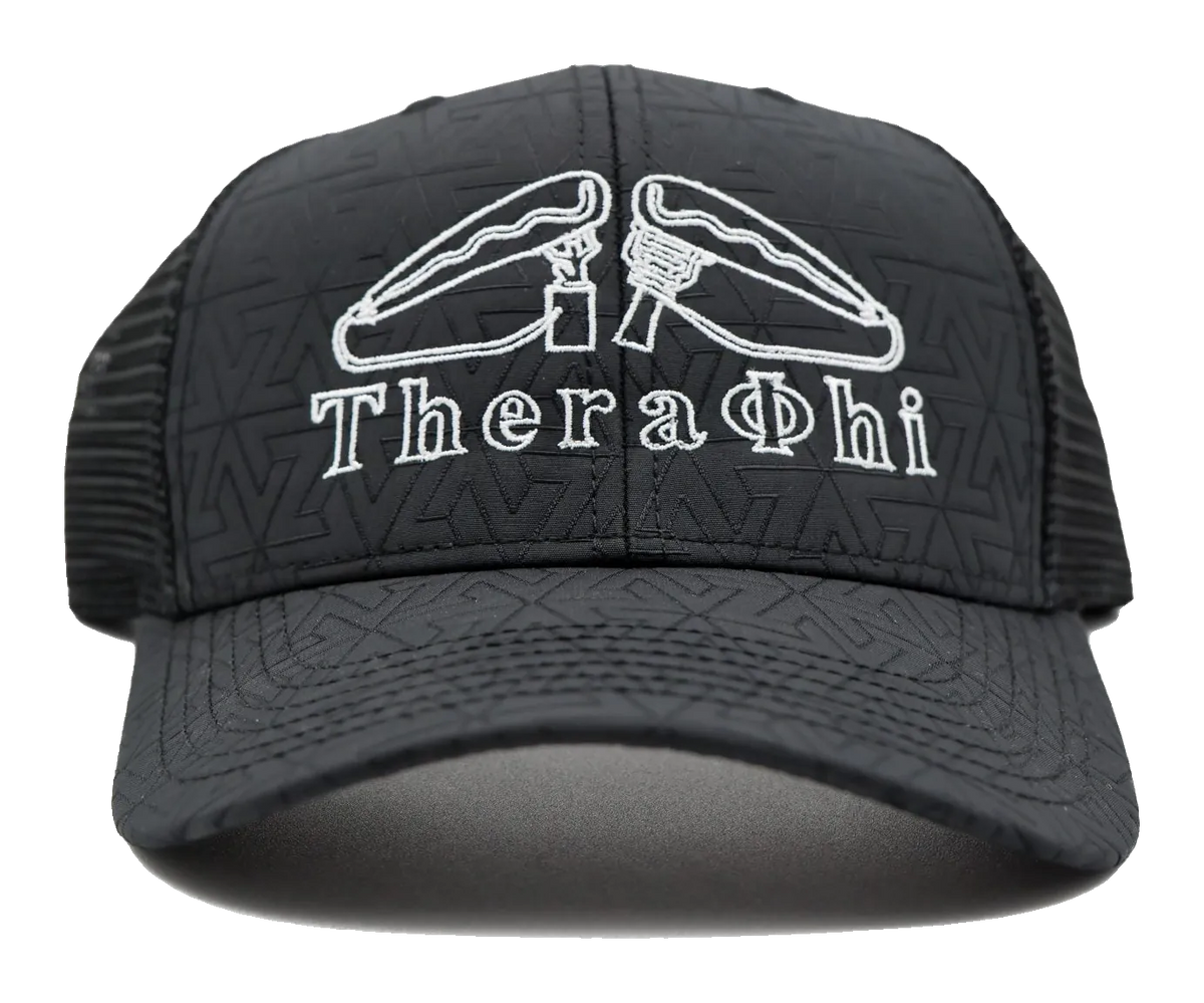 Black Theraphi trucker cap with the embroidered TheraPhi logo, front view