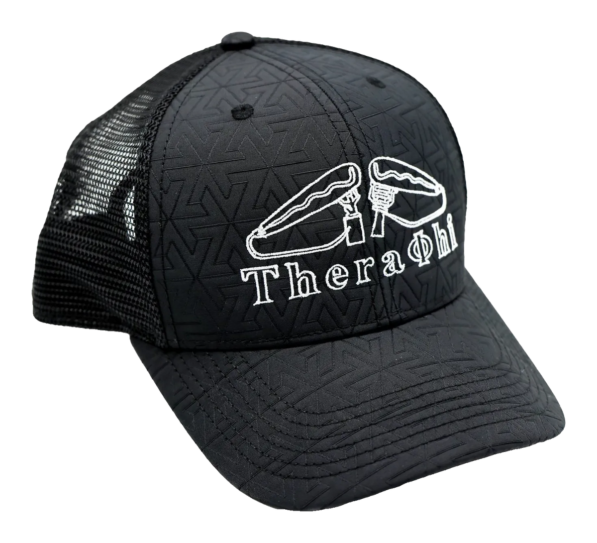 Black Theraphi trucker cap with the embroidered TheraPhi logo, side view