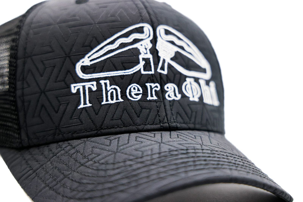 Black cap with white logo and text on a white background